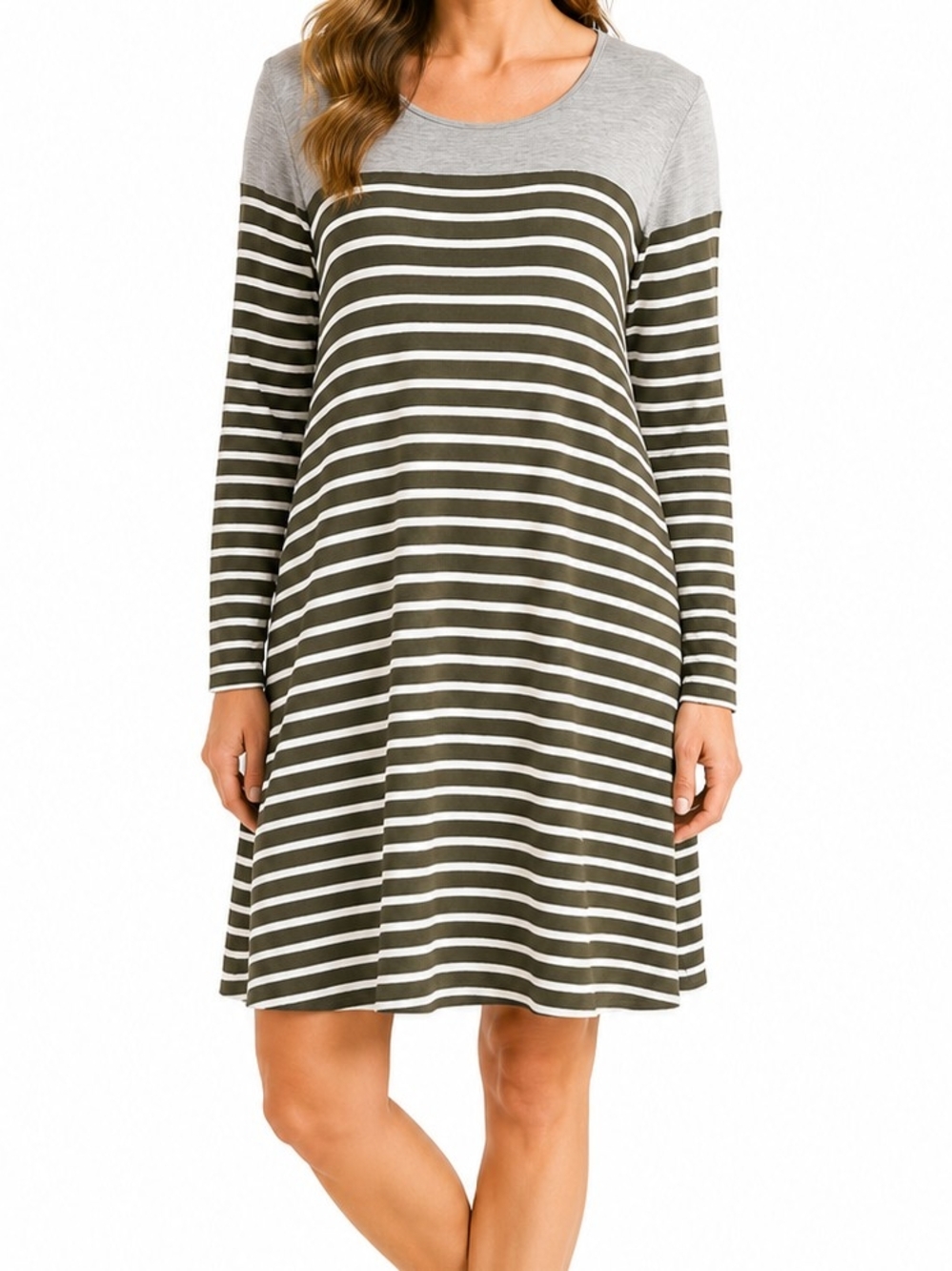 Striped Long-Sleeve Swing Dress - Olive/Gray